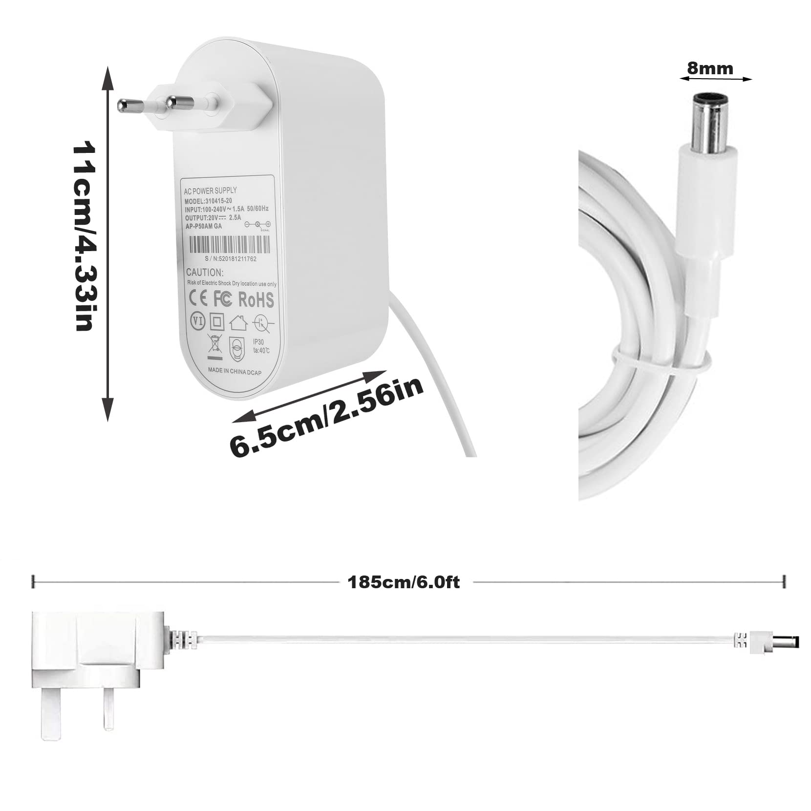 Caricatore da 20V per aspirapolvere Dyson TP04 TP05 TP06 DP04, 20V, 2,5A, 50W, Pure Cool purificatore d'aria, caricatore per Dyson Air Purifier Fan, cavo di alimentazione da 1,9M [EU Plug]