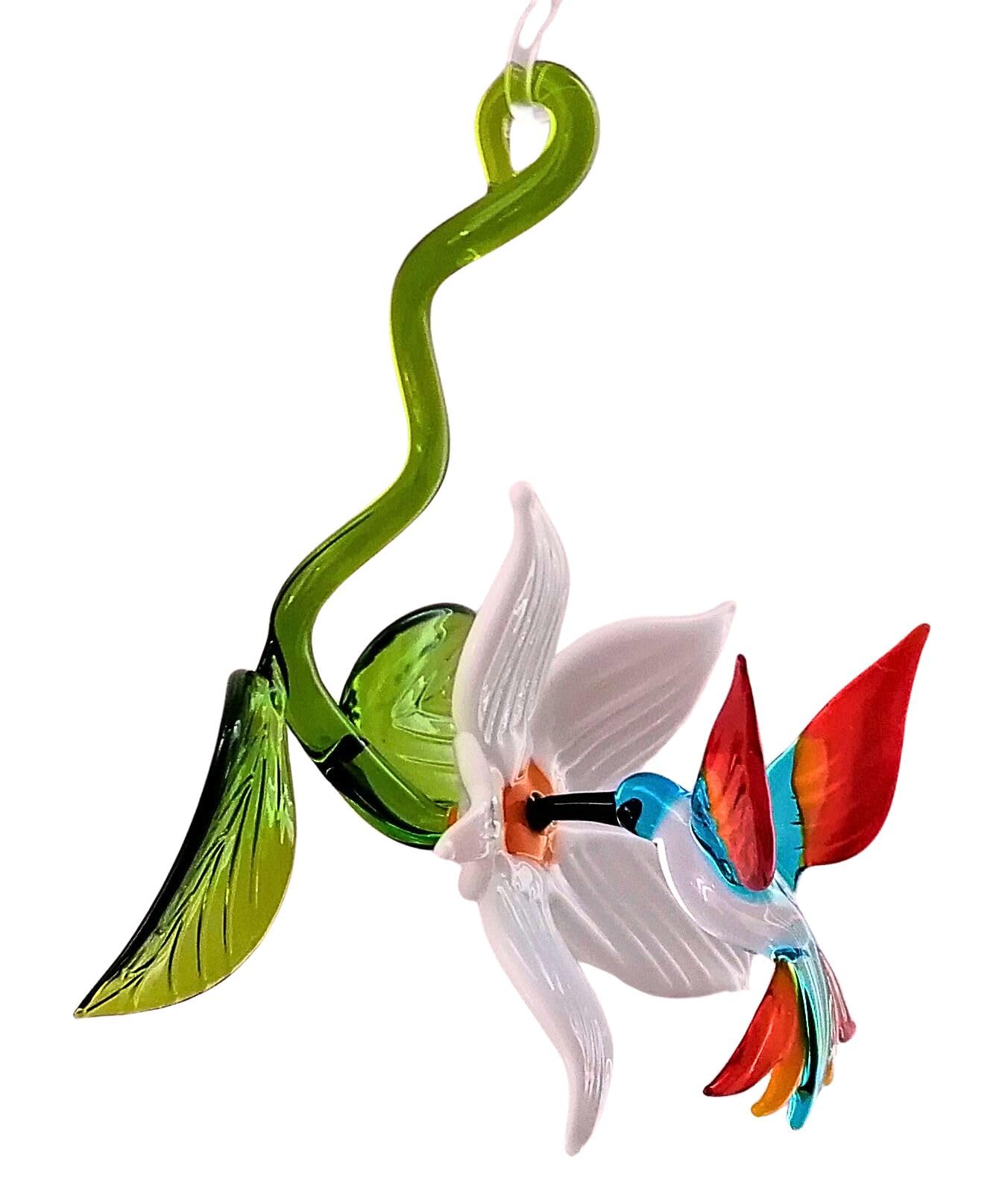 Hängevogel, Kolibri mit Blüte und Blatt (Blüte: weiß/Flügel: hellblau-gelb-rot)