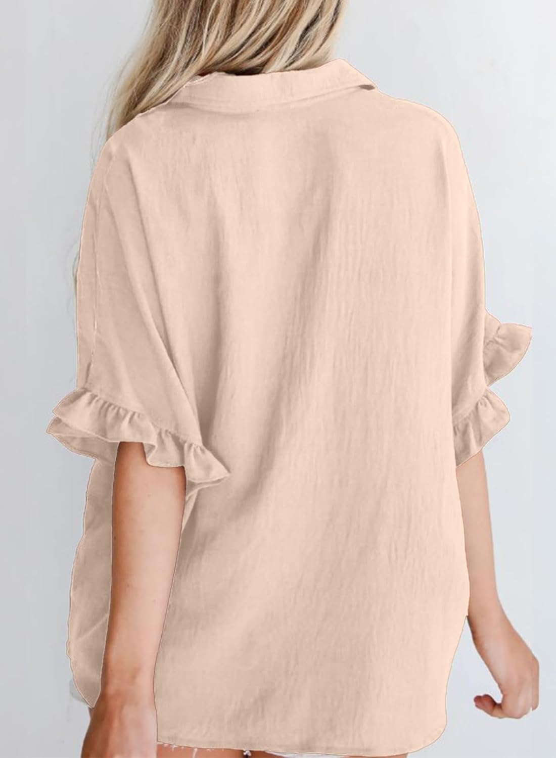 Astylish Women's Button Down Shirts Ruffle Short Sleeve V Neck Wrinkled Dressy Blouse Tops - Image 3