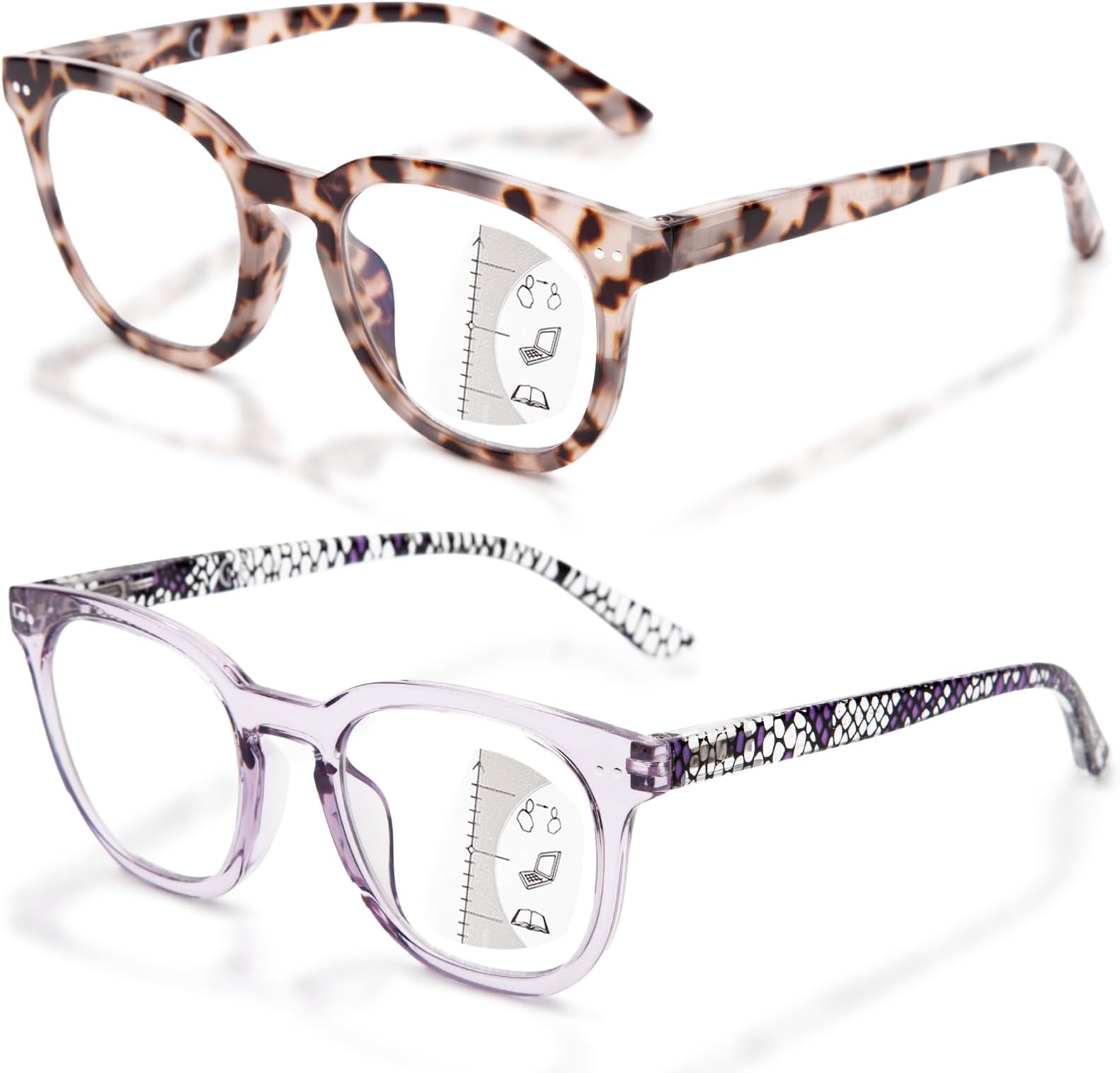LianSan 2 Packs Progressive Multifocus Reading Glasses for Women - Ladies Near and Far Blue Light Blocking Computer Readers(Multicolor 2 for 3ft,1.50x)