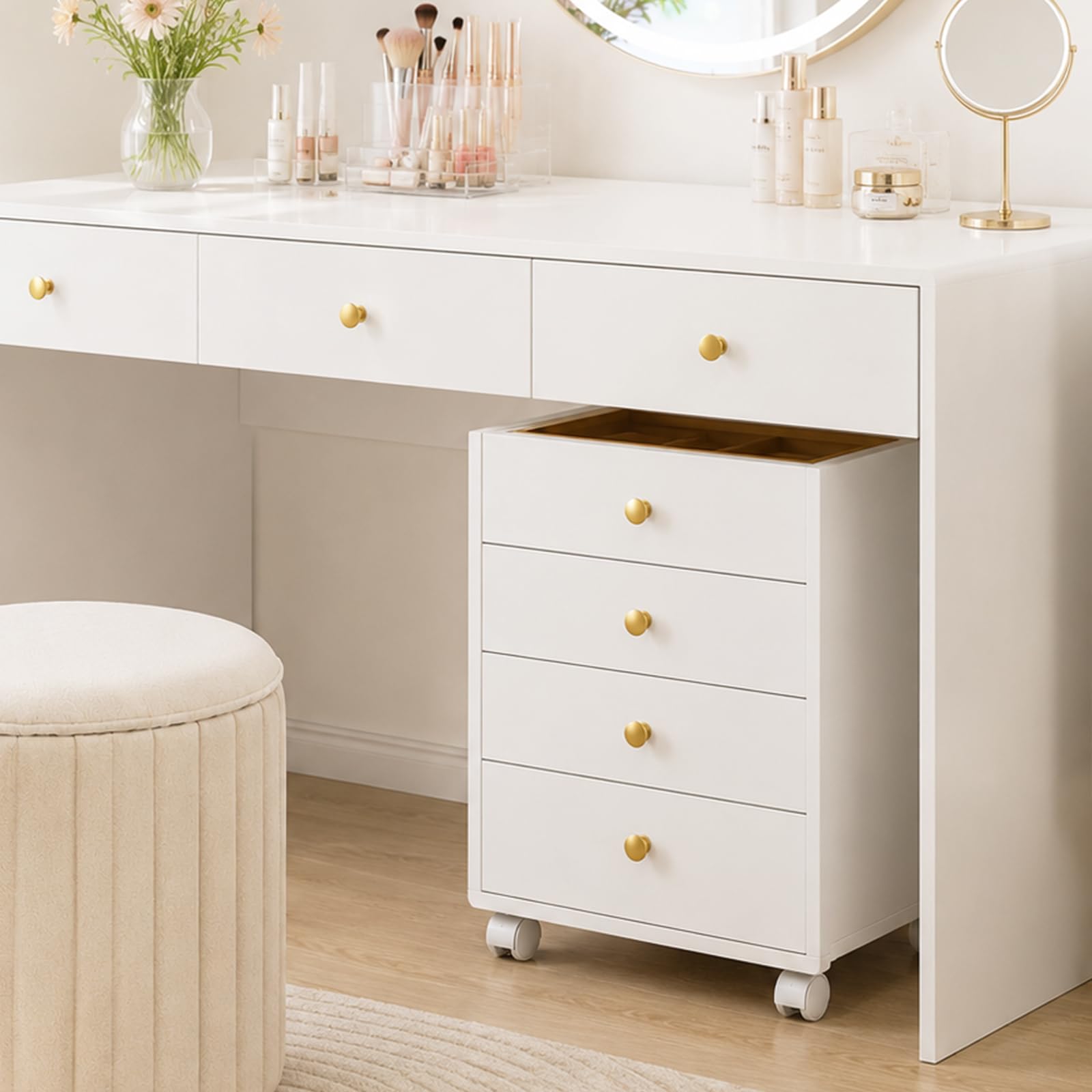Rollcontainer mit 4 Schubladen, Mobiler Aktenschrank mit Rädern, Druckerständer, Aktenschrank mit Glasplatte, für Homeoffice, Büro, 40 x 30 x 50 cm, Weiß