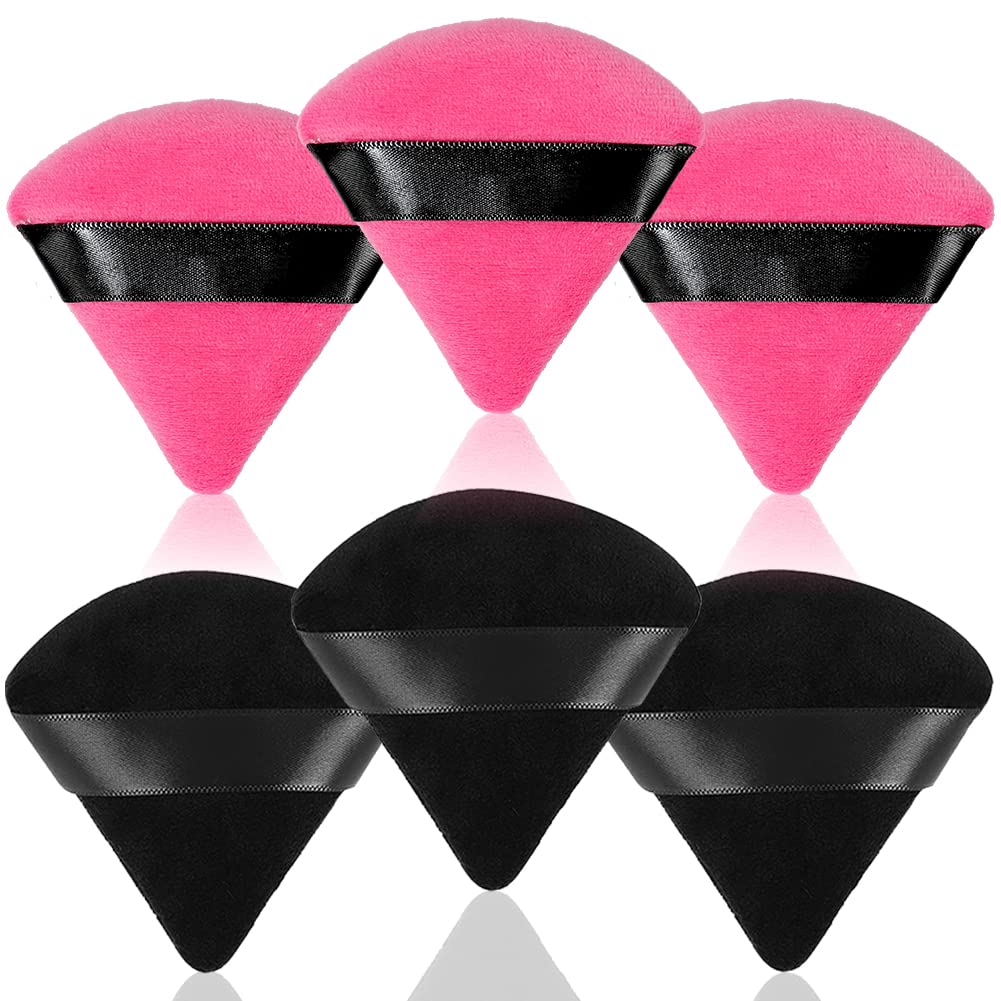 6 Pcs Soft Face Makeup Triangle Powder Puff,Beauty Loose Velour Puff With Strap,Under Eye Contouring Body Cosmetic Foundation Sponge Mineral Wet Dry Powder Puffs for Face Powder Tool (Rose Red)