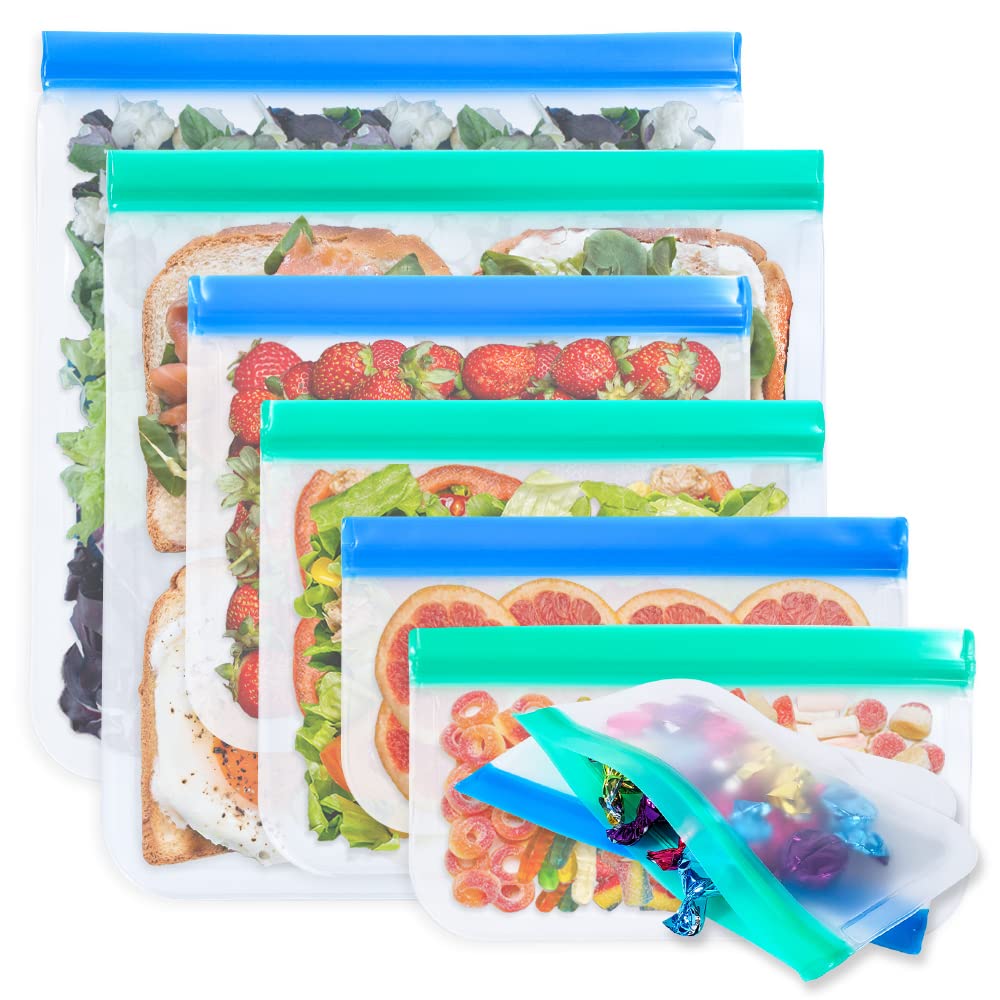 Sodaxx 6 Packs Reusable Zip Food Storage Bags, Food Grade Safe Silicone Sandwich Bags, Snack Bags, Gallon Bags