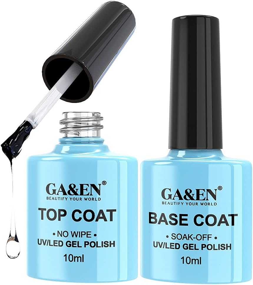 GA&EN Polish Top Coat Base Coat No Wipe Soak Off Set 10ml LED Lamp Cure Quick Dry Clear Shine Gloss Mirror Long Lasting Nail Art Gel Polish Resin Tested Formula For Home And Salon Use