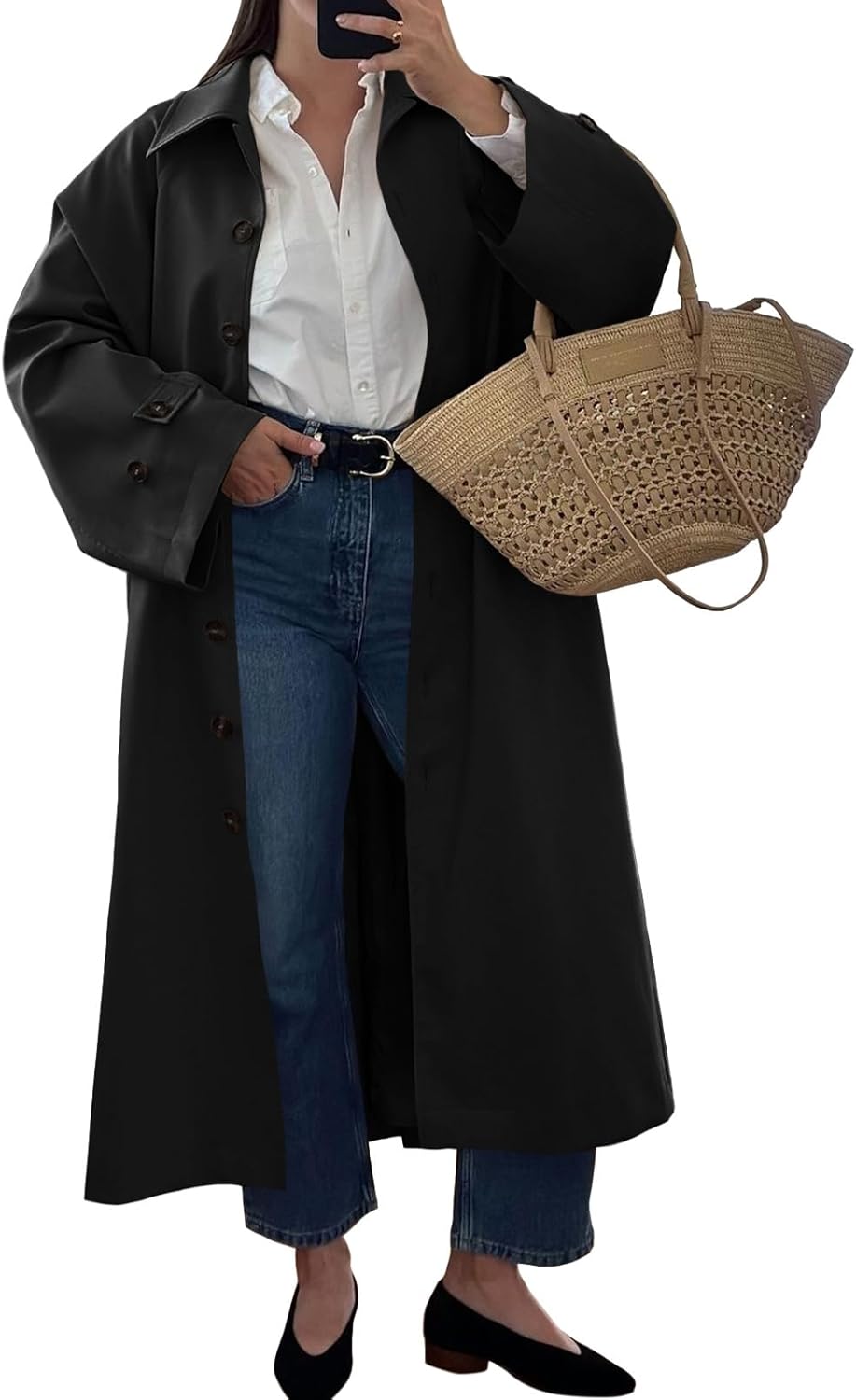 Tankaneo Womens Long Trench Coat Single Breasted Oversized Windproof Classic Lapel Fall Overcoat - Image 2