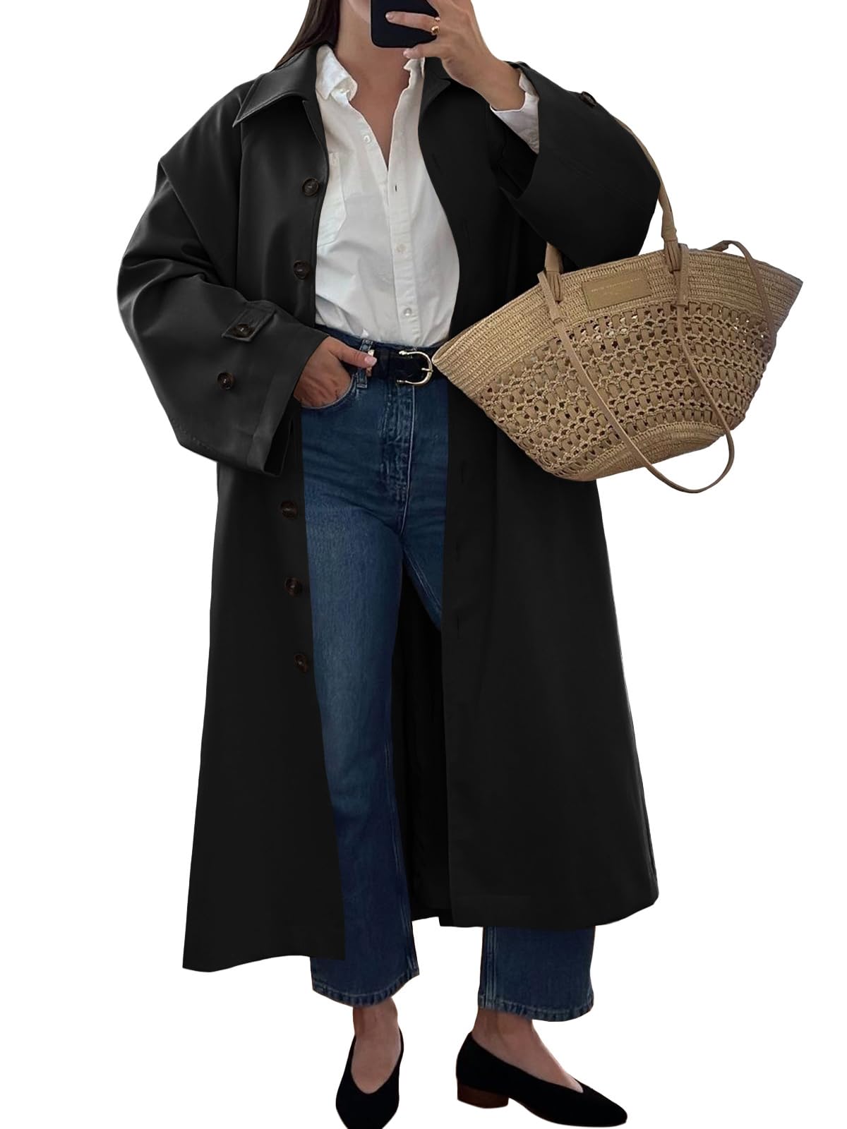 Tankaneo Trench long pour femme à simple boutonnage surdimensionné coupe-vent classique à revers pour l'automne