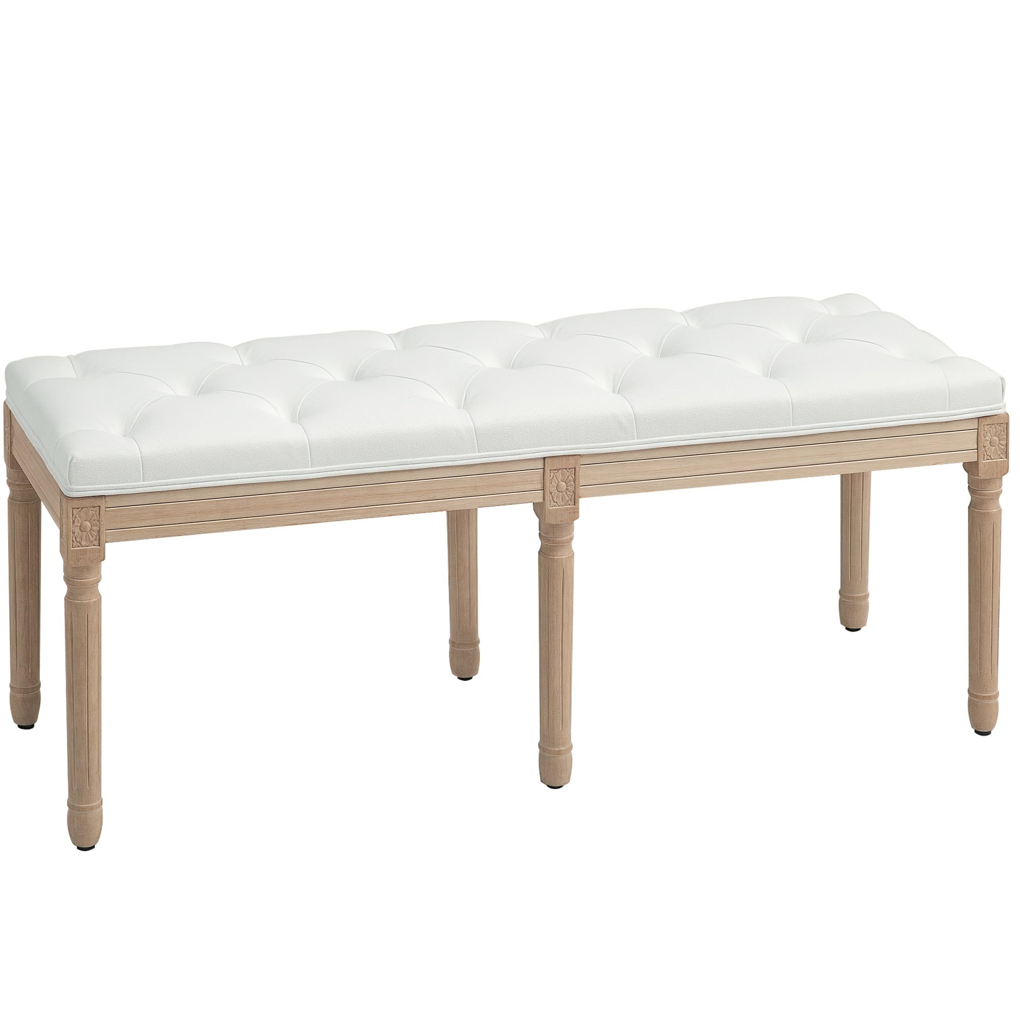 HOMCOM French Vintage Bench, 117cm with Thick Padding and Wood Legs, Button Tufted for Entryway, Living Room, Bedroom Decor, Cream White