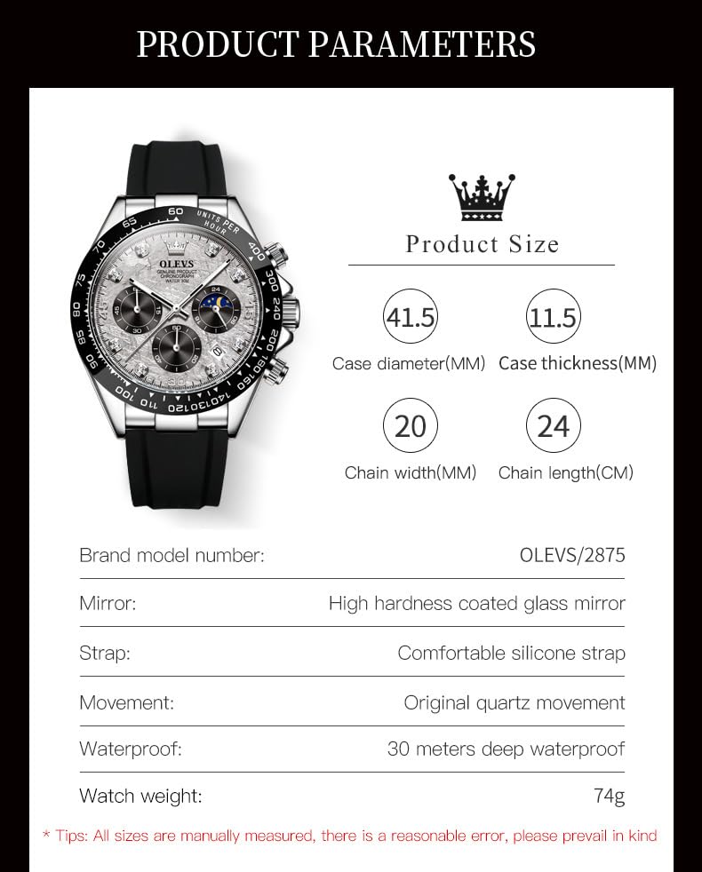Image of OLEVS Watches for Men Business Diamond Moon Phase Male Watch Chronograph Fashion Dress Waterproof Date Analog Quartz Waterproof SiliconeMen Wrist Watch