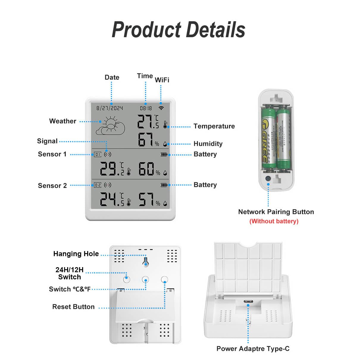 WLAN Thermometer Hygrometer Innen Außenthermometer Kabelloses Smart Thermometer Digitales Temperatur und Feuchtigkeitsmessgerät mit Automatischer Alarmfunktion 100 Meter Reichweite