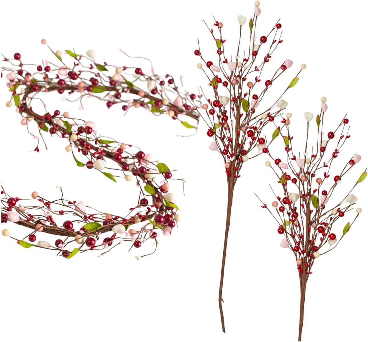 Factory Direct Craft Valentine Heart Pip Berry Garland and Sprays Set of 2 Heart Berries Stems and 1 Matching Garland for Romantic Valentine's Day Decorations (28 Inches High & 5 Feet Long)