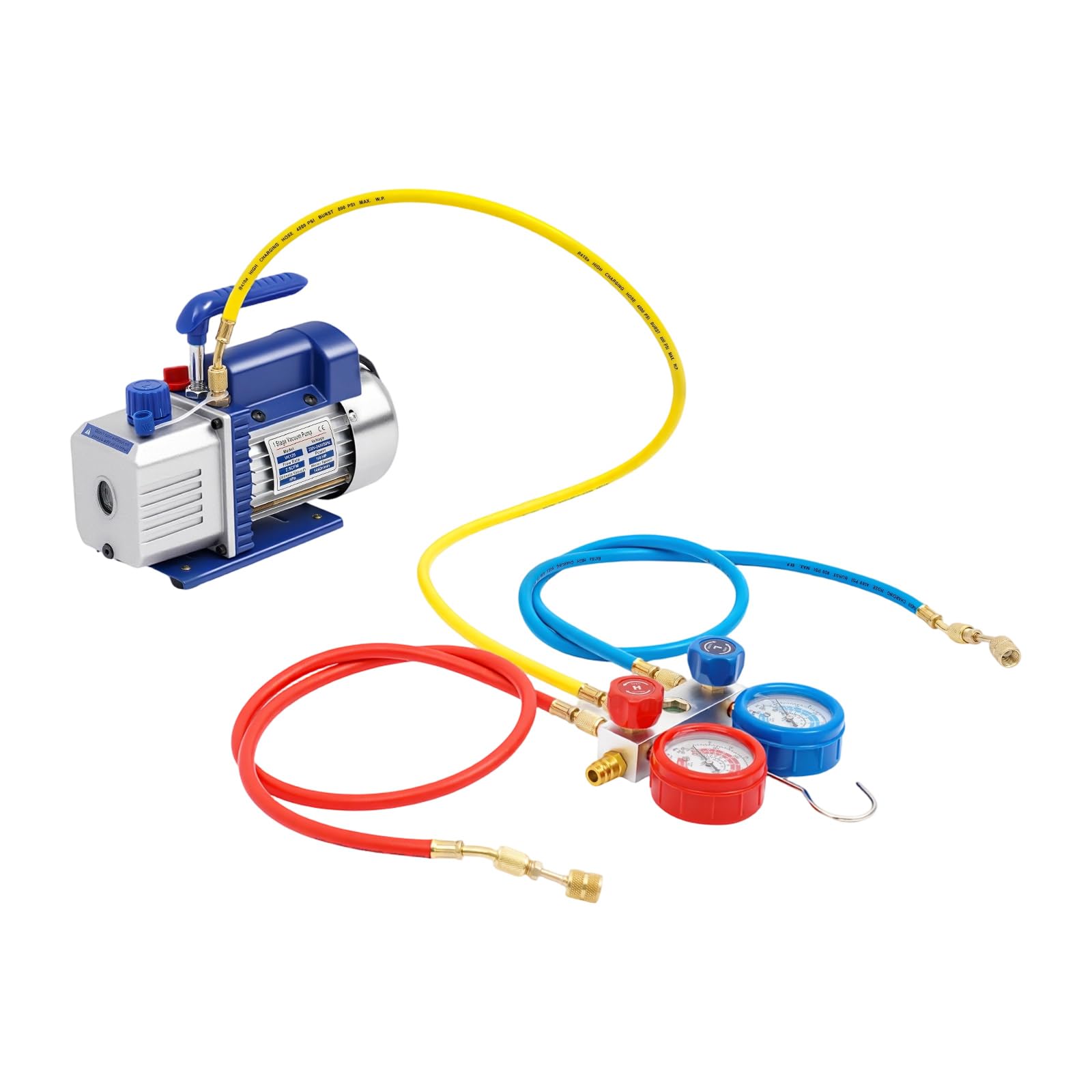 Vakuumpumpe 60L/min, Unterdruckpumpe 220V/50HZ 180W, Vakuum Pumpe mit Verteiler und Manometer-Set, Vakuumgeräte Pumpefür R134a R410a Automobil, Heim- Klimaanlagen, 200ml-Ölkapazität
