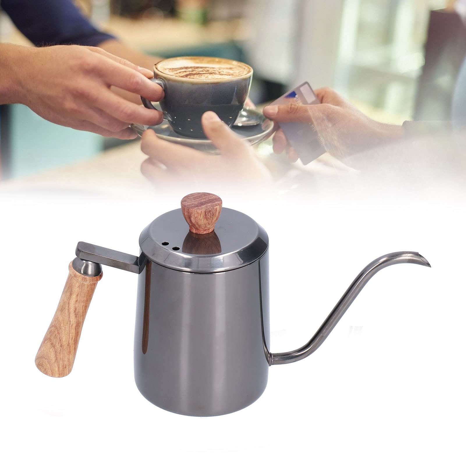 Ręczny dzbanek do kawy ze stali nierdzewnej o pojemności 600 ml, długa, wąska wylewka, czajnik z drewnianą rączką, idealny do użytku domowego i kawiarni (Szary)