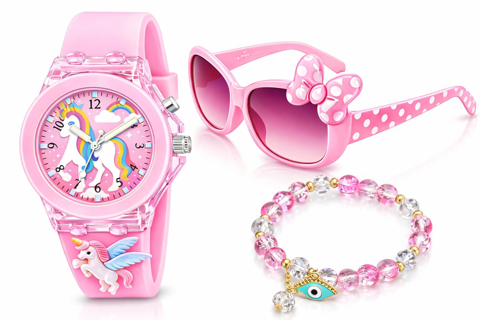 ALNA-TURA Gifts For Kids Girls | Combo Pink Stylish Modern Fashionable Unicorn Watch, Cute Pink Sunglasses and Crystal Bracelet | Best Birthday Return Gift Set for Baby Children | For Age 3 to 12 Years-picture-12