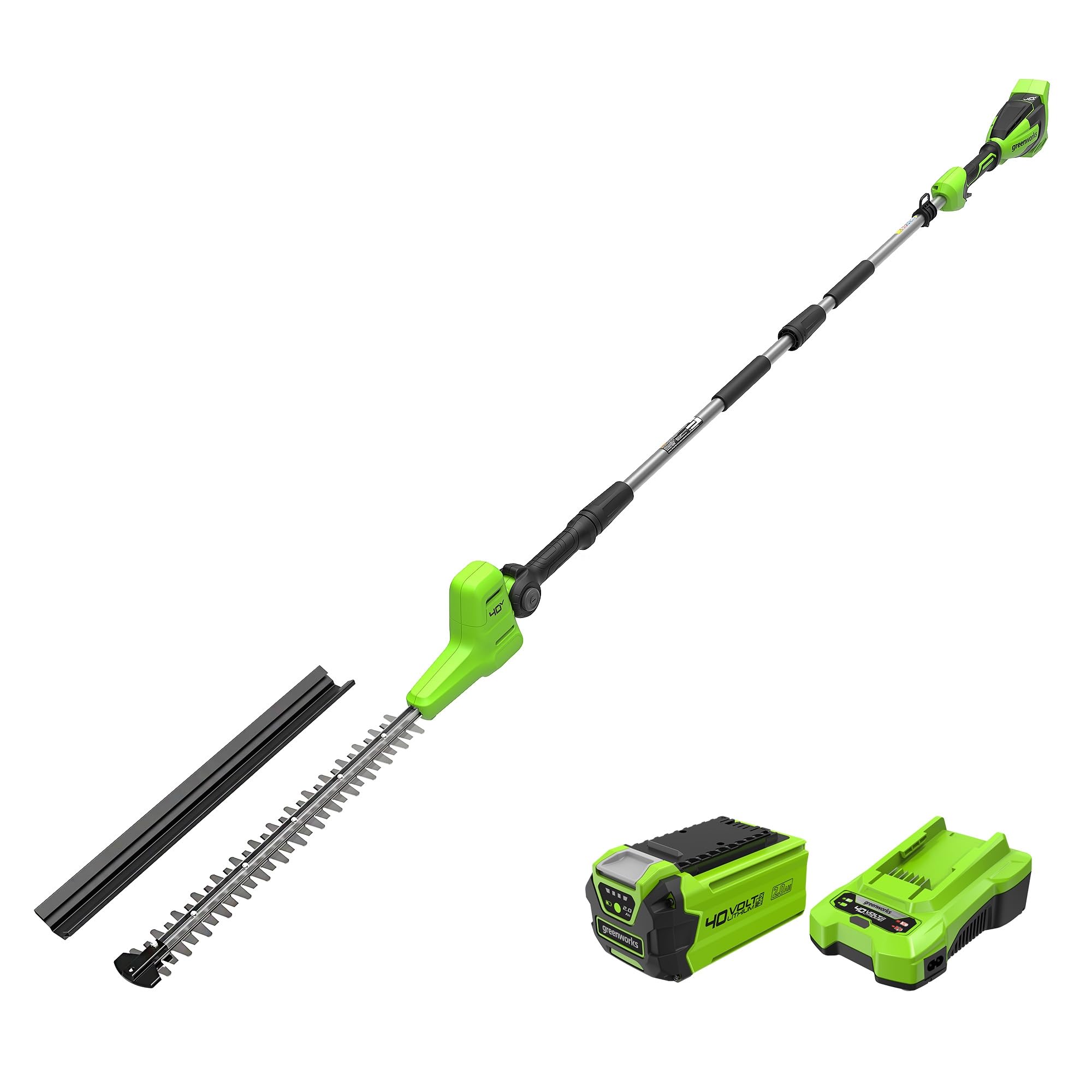 Greenworks 40V Cortasetos Pértiga Eje Divisible, Cuchillas Doble Acción 51 cm, Corta Ramas 28 mm Grosor, Pivote Cabezal 112.5°, 3200 SPM, Batería 2 Ah y Cargador PH40B01-01