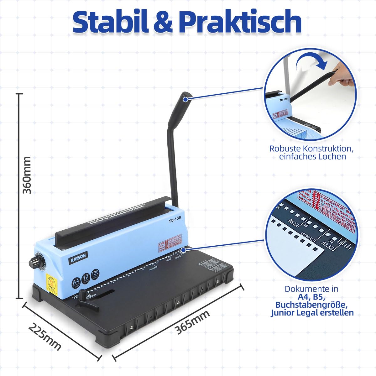 RAYSON Drahtbindegerät, 120 Blatt Binde, 3:1 Teilung, A4, 34-Loch-Doppelschleifen-Drahtbinder mit stabiler Metallkonstruktion, TD-130… | Robuste Metallkonstruktion, Kostenloses Bindematerial im Lieferumfang enthalten