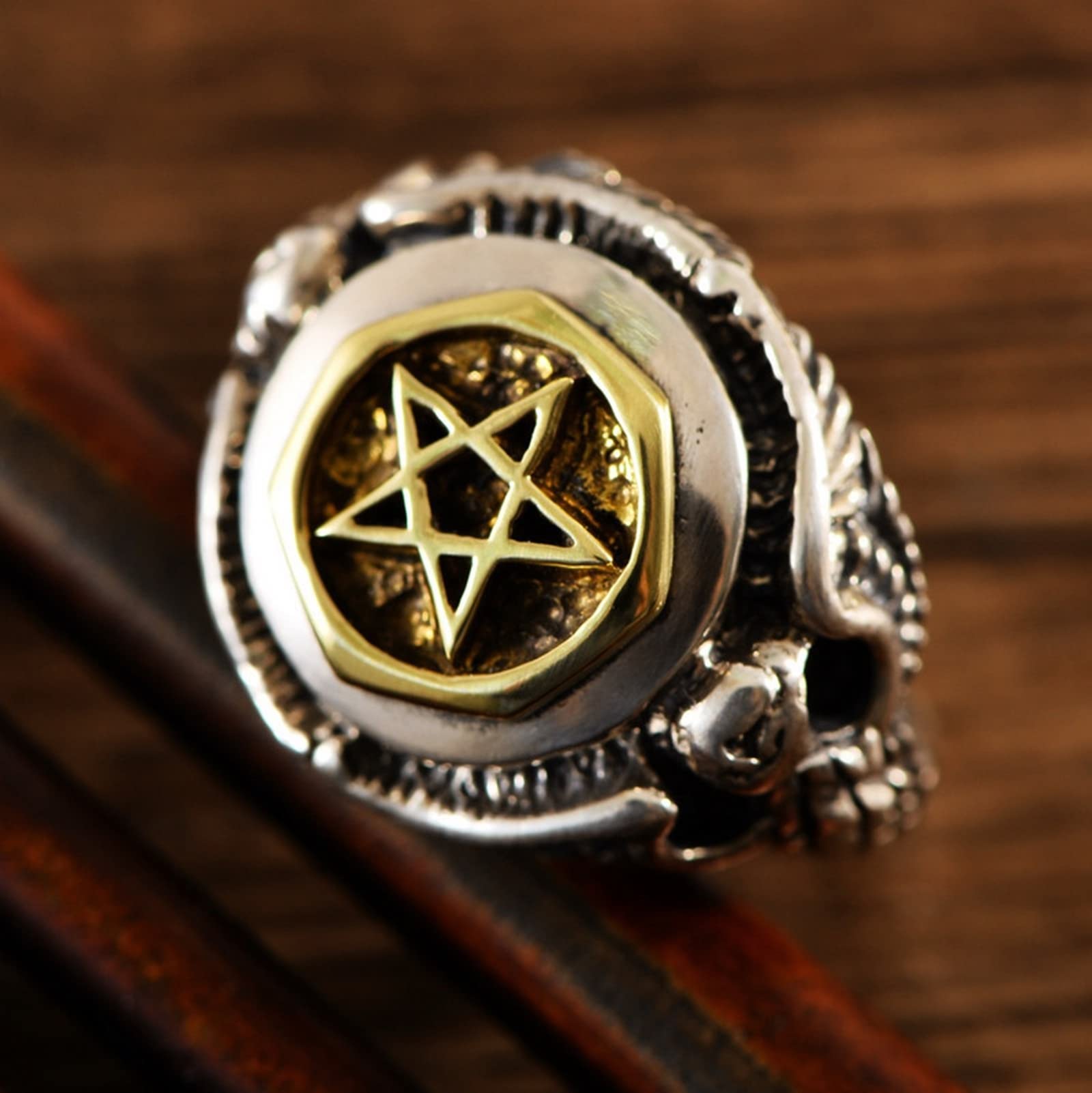 Męski pierścionek 925, pierścionek zaręczynowy męski srebrny pentagram orzeł męski