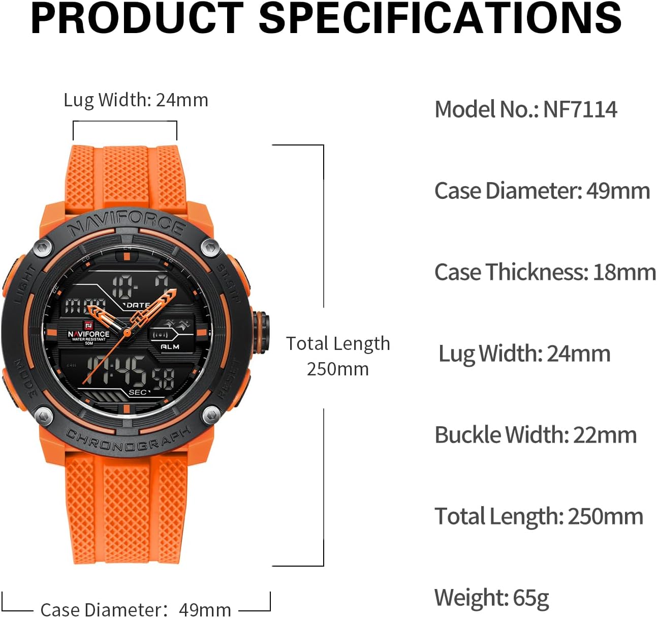 NAVIFORCE 5ATM Waterproof Sport Watches for Men Silicone Band Quartz Analog Digital Alarm Clock Chronograph Luminous Wristwatch