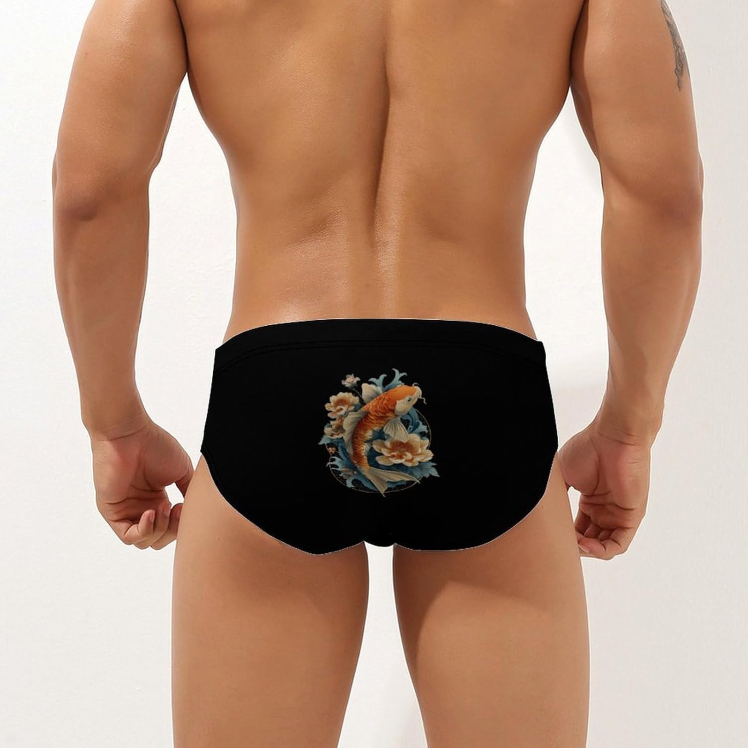 Japanese Fish Men's Swimsuit Brief Sexy Bikini Briefs Retro Printed Swimwear Quick Dry Swimming Trunks 3X-Large