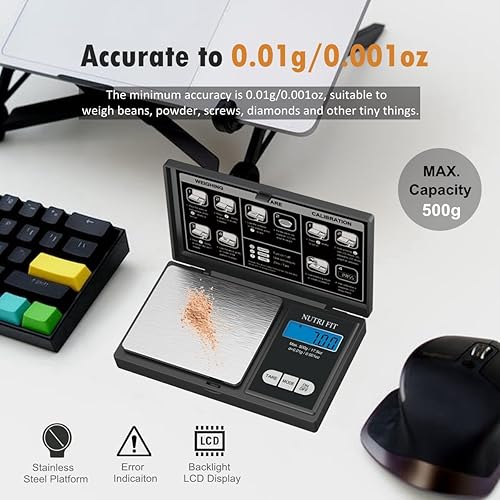 Miniatura 2 de NUTRI FIT Báscula de Gramos Báscula Digital Precisión de 0.01g, 500g Báscula de Bolsillo Pequeña Báscula de Joyería, Peso para Alimentos Onzas y