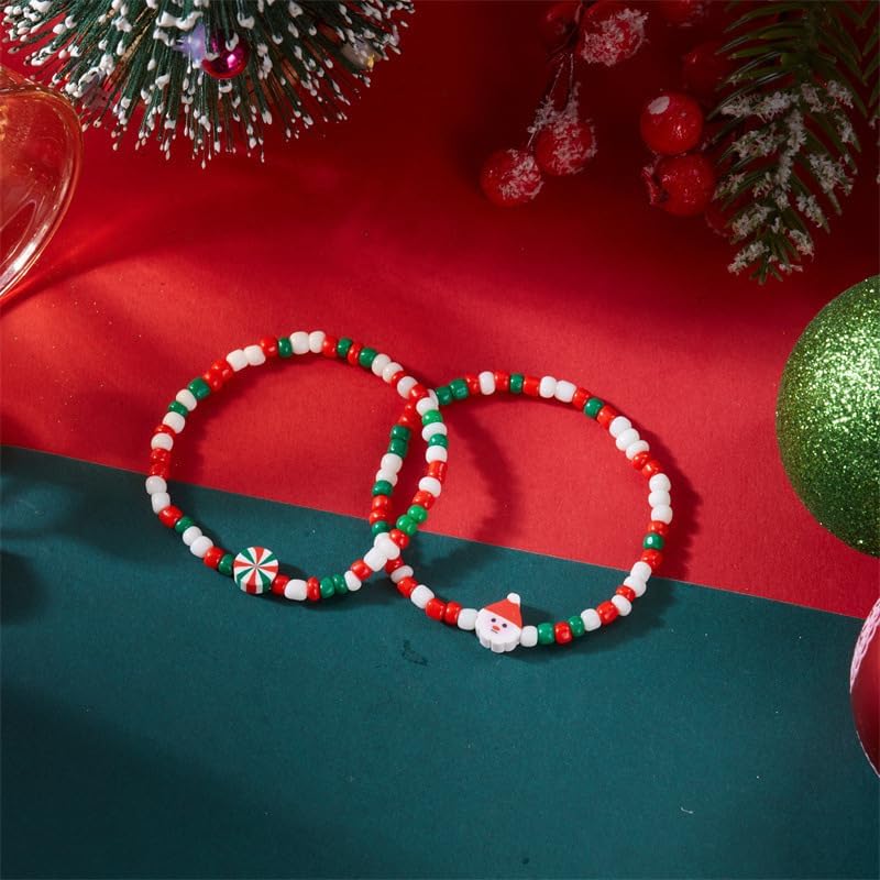 Fashion Santa Claus Snowflake Beaded Elastic Charm Bracelets Colorful Resin Beads Stretch Bracelet Set for Women Holiday Christmas Jewelry - Image 2