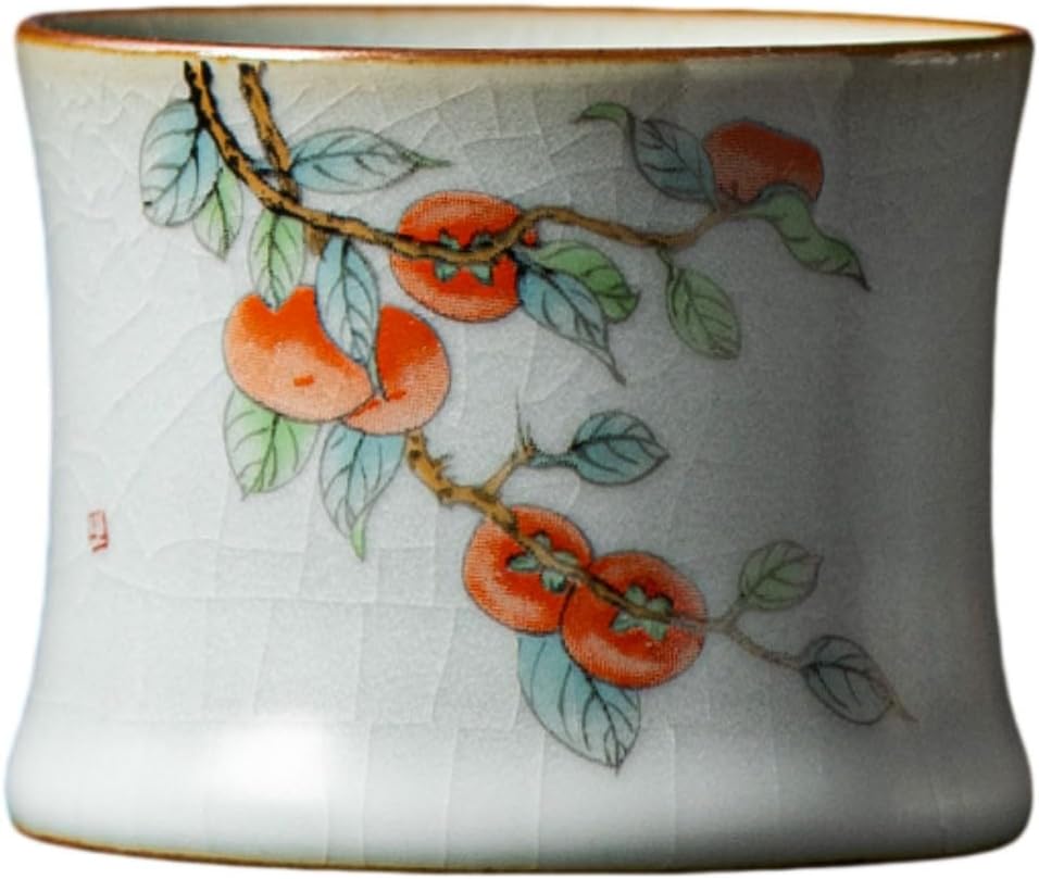 汝窑小茶杯家用陶瓷竹节主人杯单杯功夫 Ceramic Kung Fu Tea Set,teapot,Teacups,warming Wedding Birthday Gift,Tea Tray Chinese,Dishwasher Safe 01款：月白汝窑束腰杯【柿柿如意】（容量60ML）