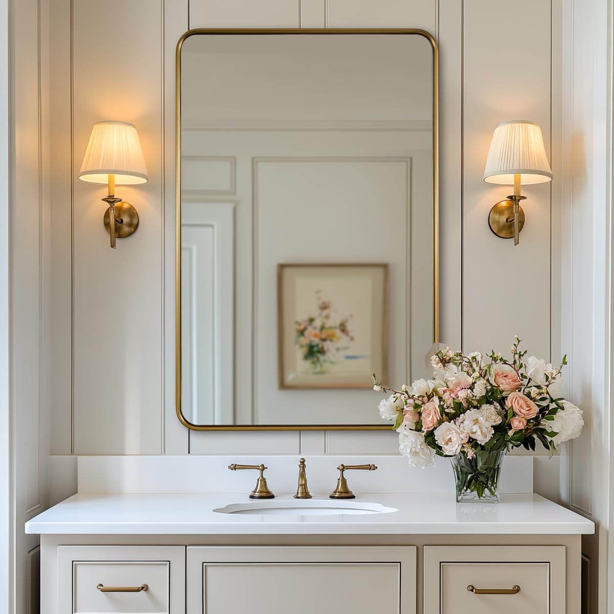 ANDY STAR Gold Bathroom Wall Mirror, 24x36 Inch Rectangle Mirror for Bathroom with Rounded Corner, Brushed Brass Rectangular Vanity Mirror with Anti-Rust Tube Metal Frame, Contemporary, Wall Mount