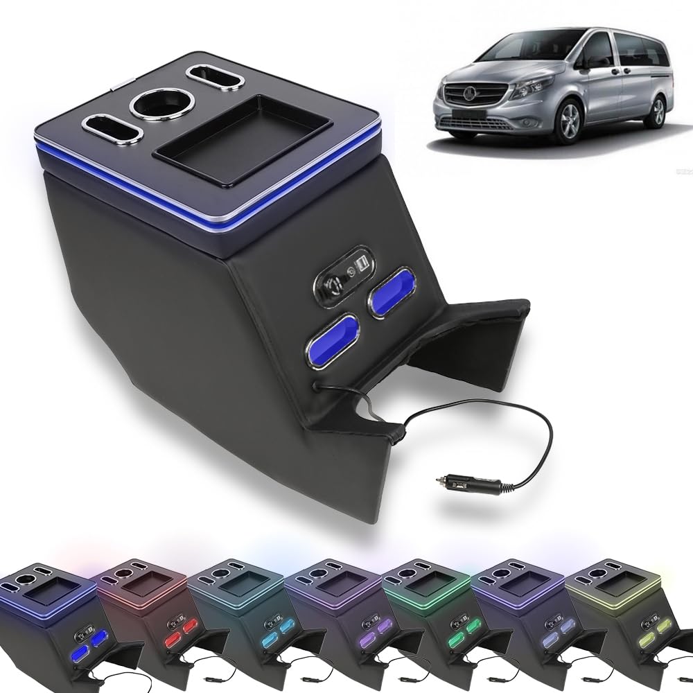 Podłokietnik do konsoli środkowej klasy V V220, V260, V250, W447, organizer na konsolę środkową z uchwytami na napoje, 7 kolorów, światła LED, zapalniczki samochodowej (czarne)