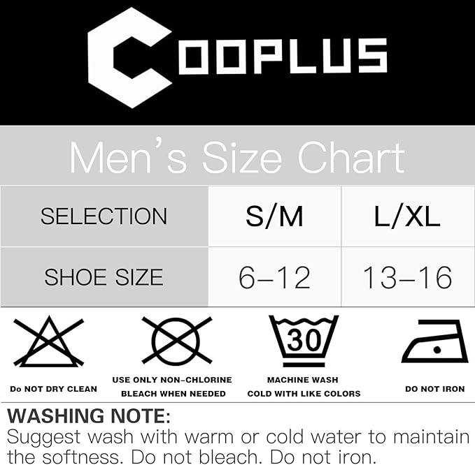 Cooplus Men's Socks Size Chart and Washing Instructions Cooplus men’s sock size selection guide for shoe sizes 6-12 and 13-16, including washing notes to use warm or cold water and avoid bleach or ironing.