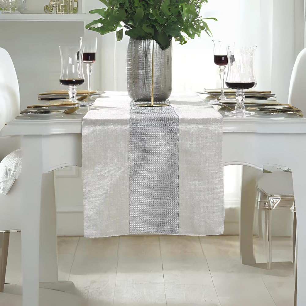 HALOViE 13 x 70 Inch Table Runner, Rectangular Coffee Dining Table Cloth Runners with Diamante Strip for Home Kitchen Party Decorations Wine Red (White)