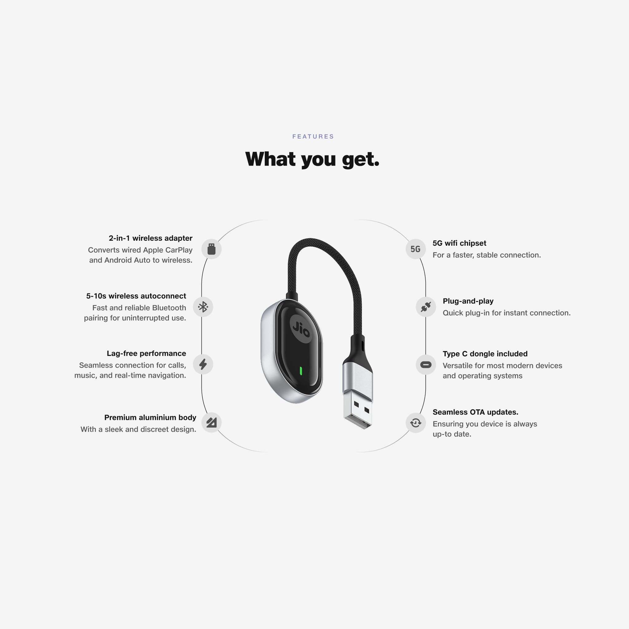 JioCarSync| Wired to Wireless Converter for Apple Carplay & Android Auto| For cars with wired Carplay &Android Auto Only| Premium Metal Body| Bluetooth 5.3| Wifi 5 Ghz|Type C dongle incl|1 Yr Warranty 1