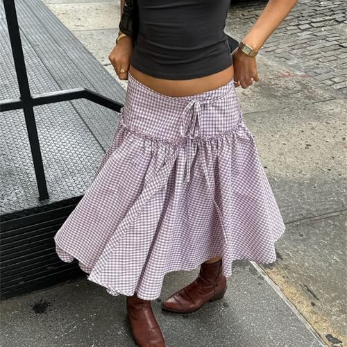 Y2k Plaid Midi Skirt for Women High Waist Tie Up Ruffle Trim Swing A Line Gingham Skirts Vintage Aesthetic Streetwear4