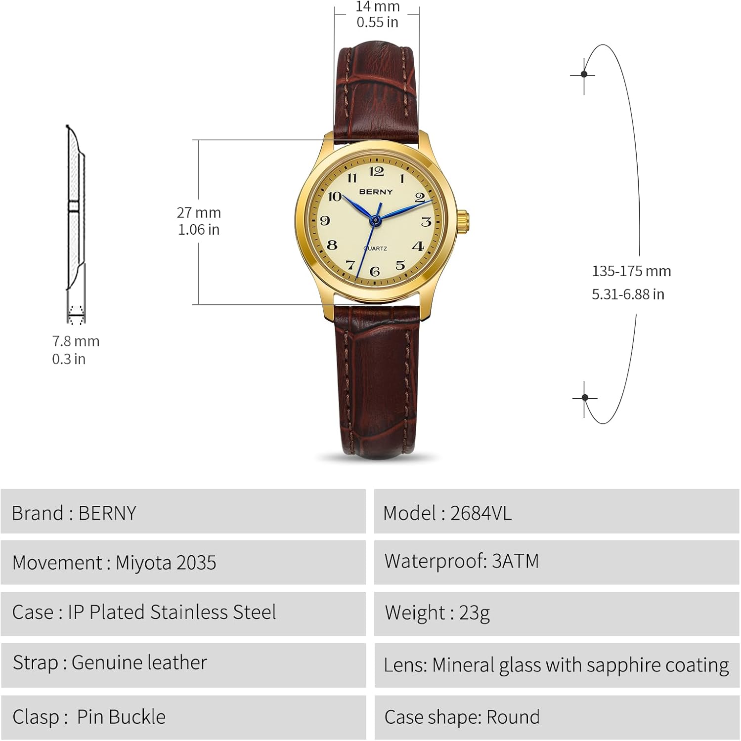 BERNY Dainty Gold Watches for Women Small Women's Leather Wrist Watch Vintage Easy Reader Watch - Image 6