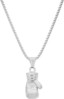 Boxing Glove Pendant Chain for Men, Stainless Steel Boxing Jewelry with 24 Inch Box Chain, Athletic Fighter Gift for Boxers, Gym Enthusiasts & Boxing Fans, Available in Silver or 18K Gold Plated Finish