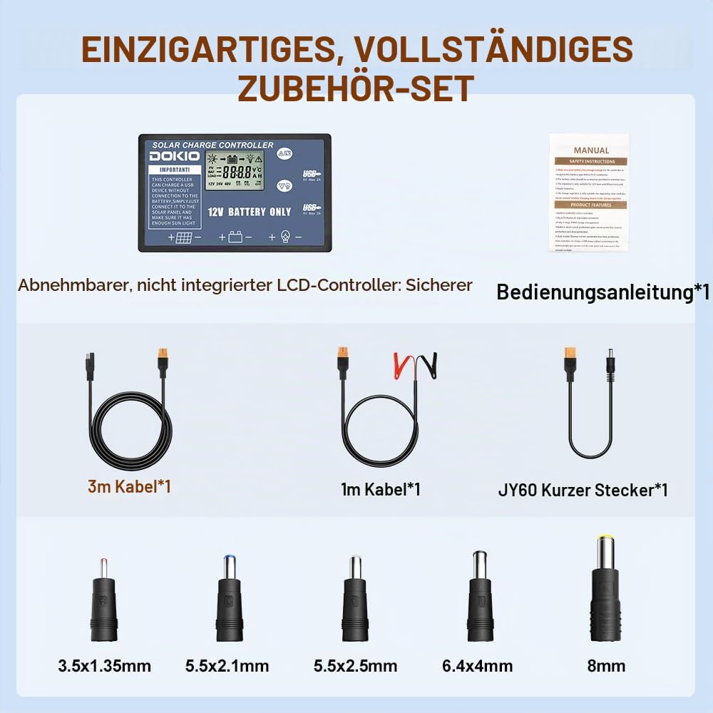 DOKIO 100W 18V Faltbar Solarmodule Monokristalline mit Solarregler(Lcd-Anzeige + 2 Usb-Ausgang) FüR 12v Batterie, AGM, Gelbatterie, SäUrebatterie, Generatoren | mit Solarregler (LCD-Anzeige + 2 USB-Ausgang) Für 12V Batterie, AGM, Gelbatterie, SäUrebatteri
