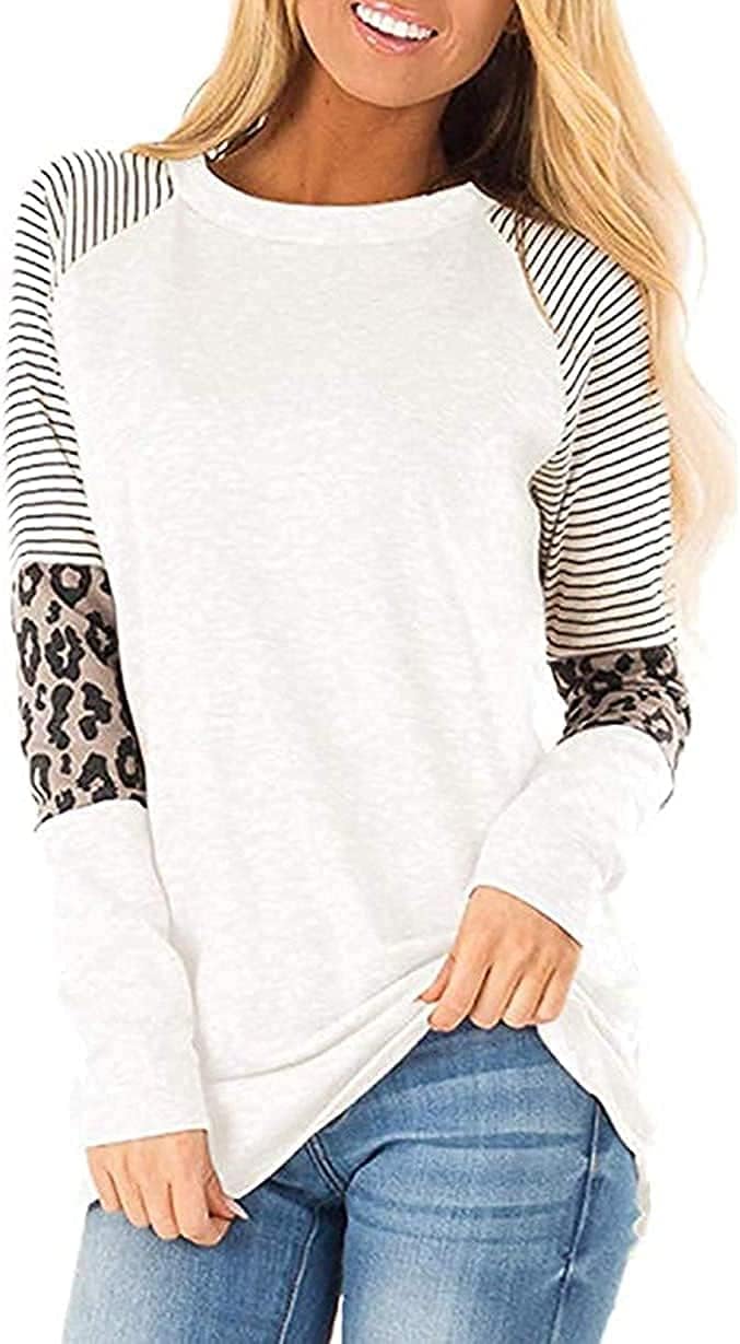 Leopard Print Tops for Women Long Sleeve Crew Neck Patchwork T Shirt Blouse