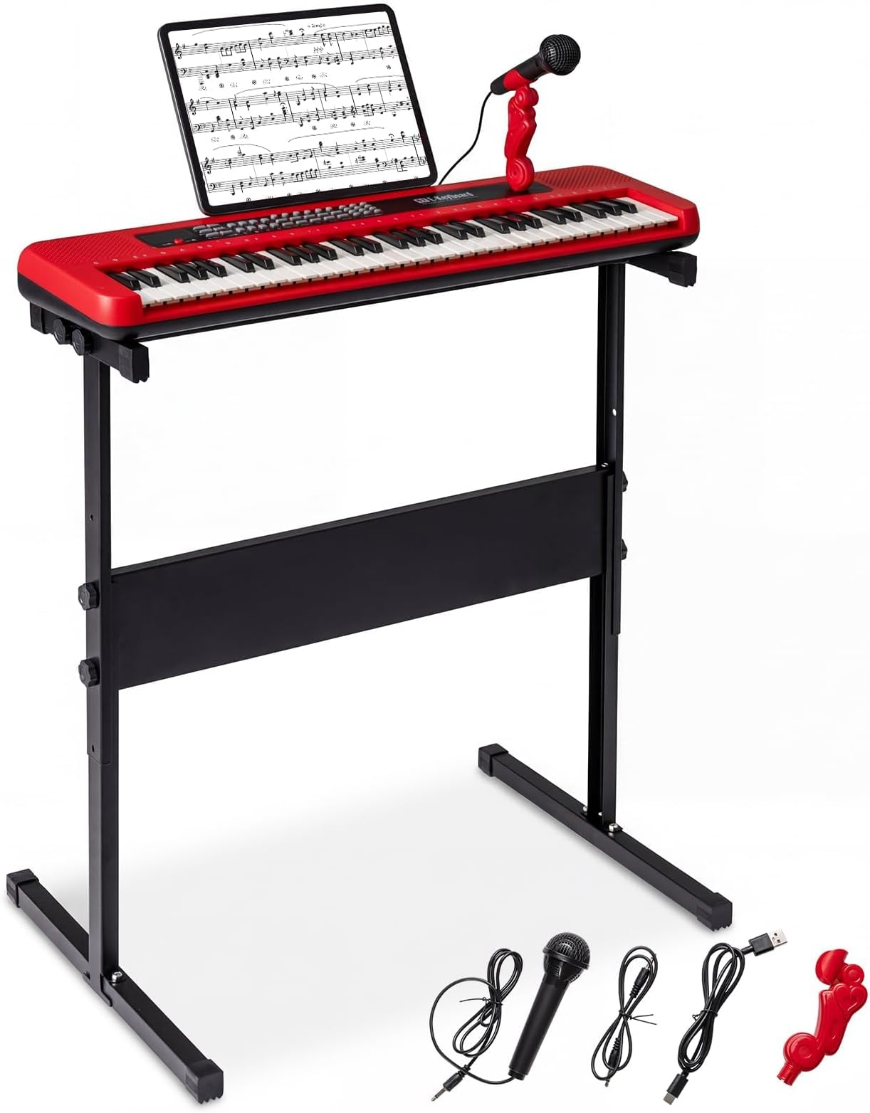 FANTASK 61 Keys Digital Piano, Children's Keyboard with Adjustable Stand, Microphone & Music Stand, Electronic Children's Piano with Sounds, Demos & Rhythms, for Children from 3 Years (Red)