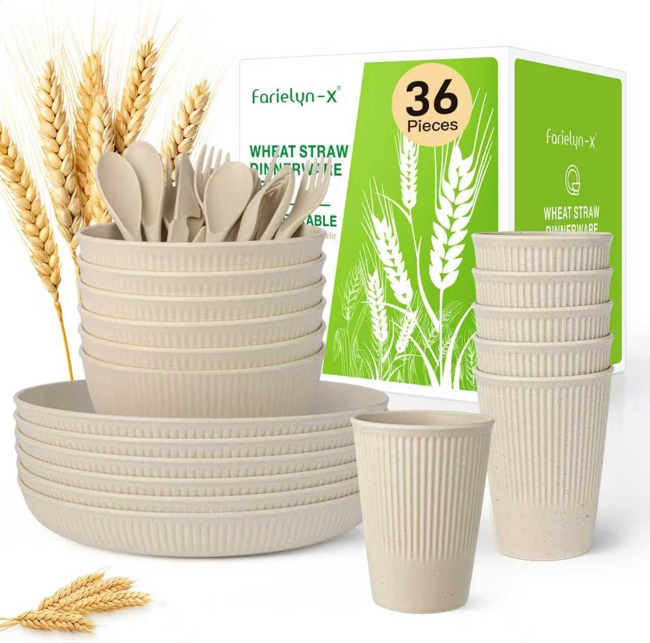 36-Piece Wheat Straw Dinnerware Sets for 6