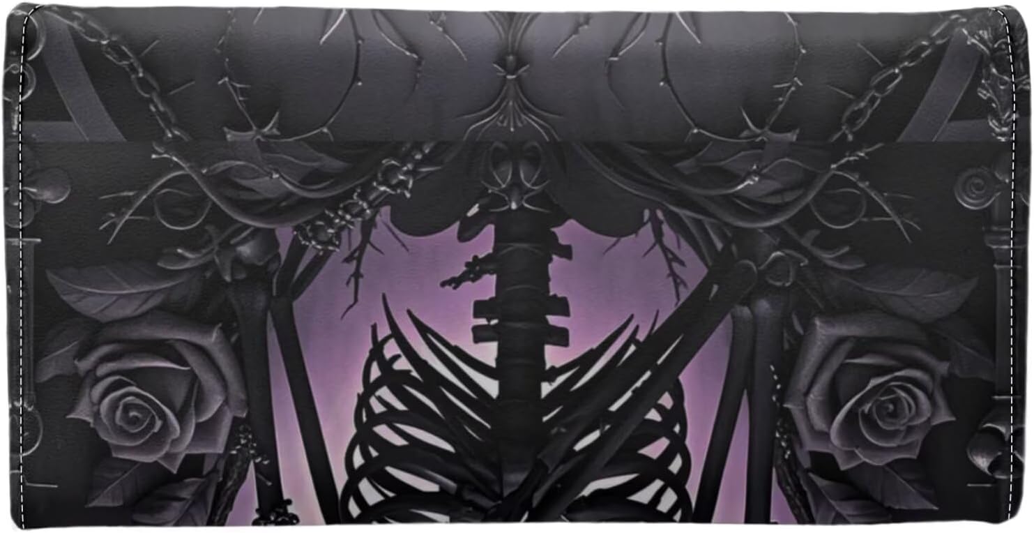 Skeleton Roses Long Wallet for Women Gothic Leather Trifold Slim Clutch Wallets with ID Window, Purple Black Billfold Purse Credit Card Holder - Image 3
