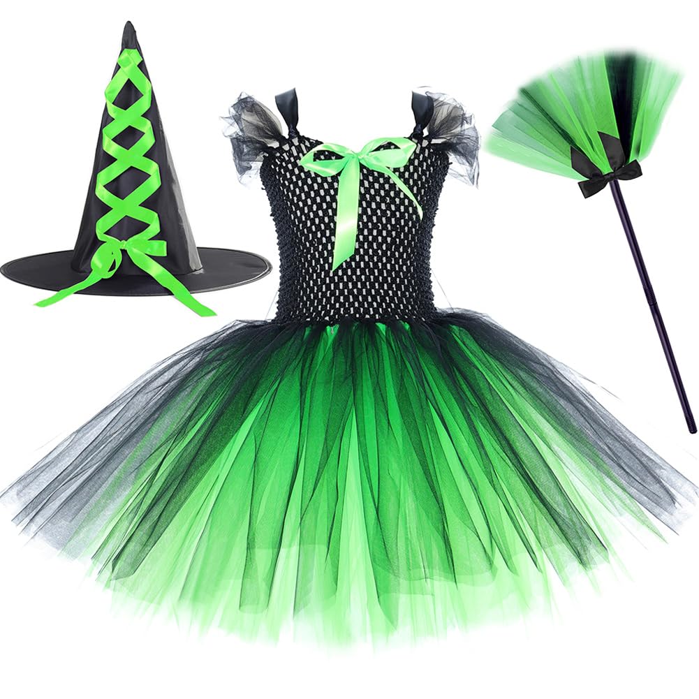 AGYMNX Witch Green Costume Kids Halloween Costume for Girls Dress + Hat + Broom 3 Pieces for 2-12 years Kids Girl Carnival Halloween Cosplay Black Green 8-9Years