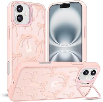 Magnetic for iPhone 16 Case, Translucent Matte Back Bow Phone Case for Women, Compatible with MagSafe, Built-in Stash Stand, Military Drop Protection, Pink