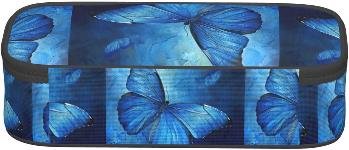 Blue Butterfly Print Large Capacity Layered Pencil Pouch, Zipper Storage Bag with Mesh Pocket & Pen Slots image 3
