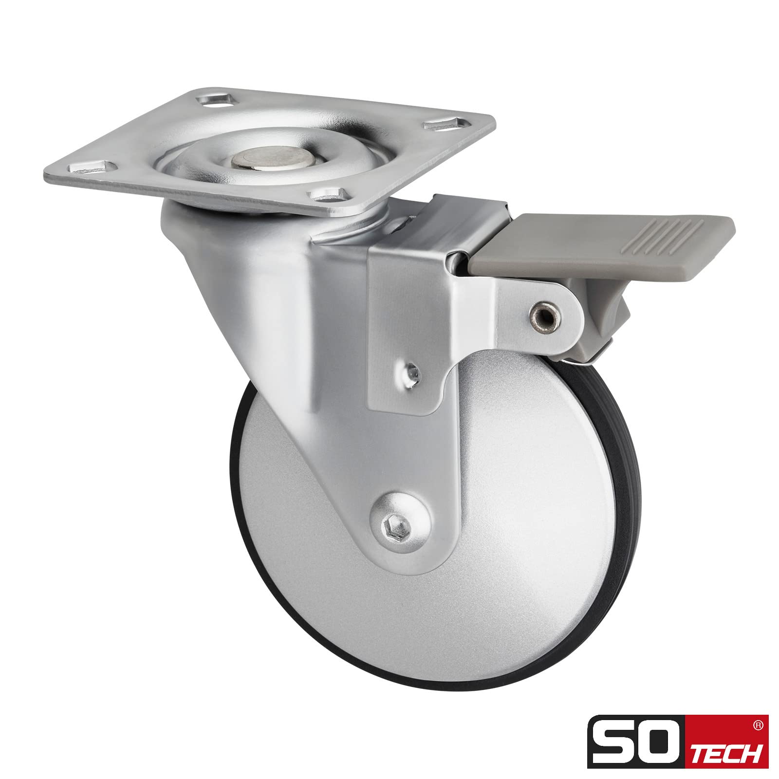 Sotech 4er Set Design-Möbelrolle LINDAU mit Bremse (Ø 75 mm, 35 Kg Tragfähigkeit pro Rolle, 360 Grad drehbar, mit Montageplatte, silbergrau) Transport-Möbelrolle, leise und bodenschonend