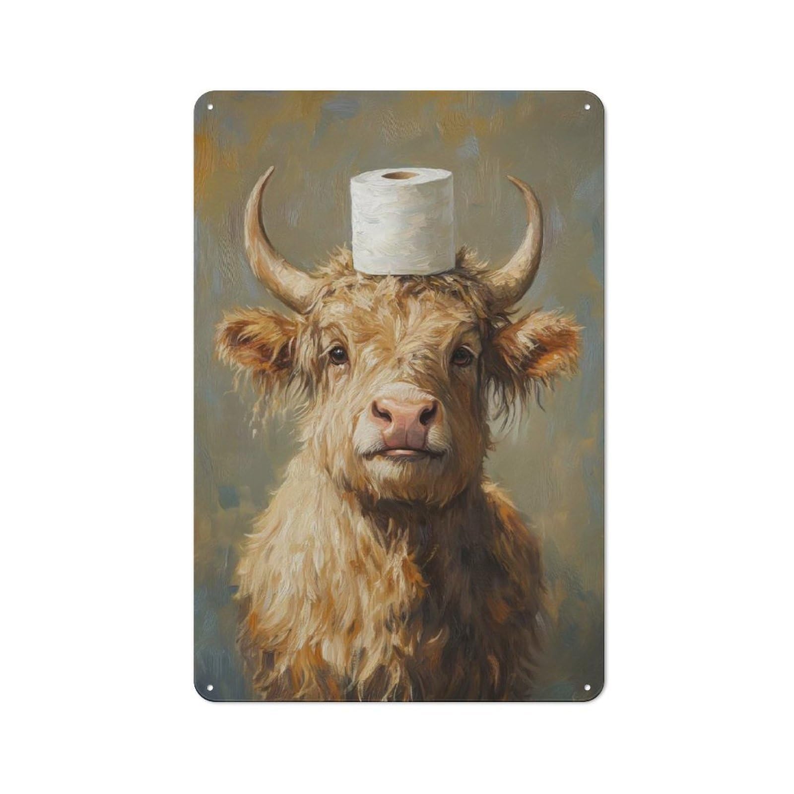 Highland Cow with Toilet Paper Vintage Metal Sign 30x20cm, Nostalgic Pub Wall Decor for Pub, Home Bar, Shed Or Man Cave
