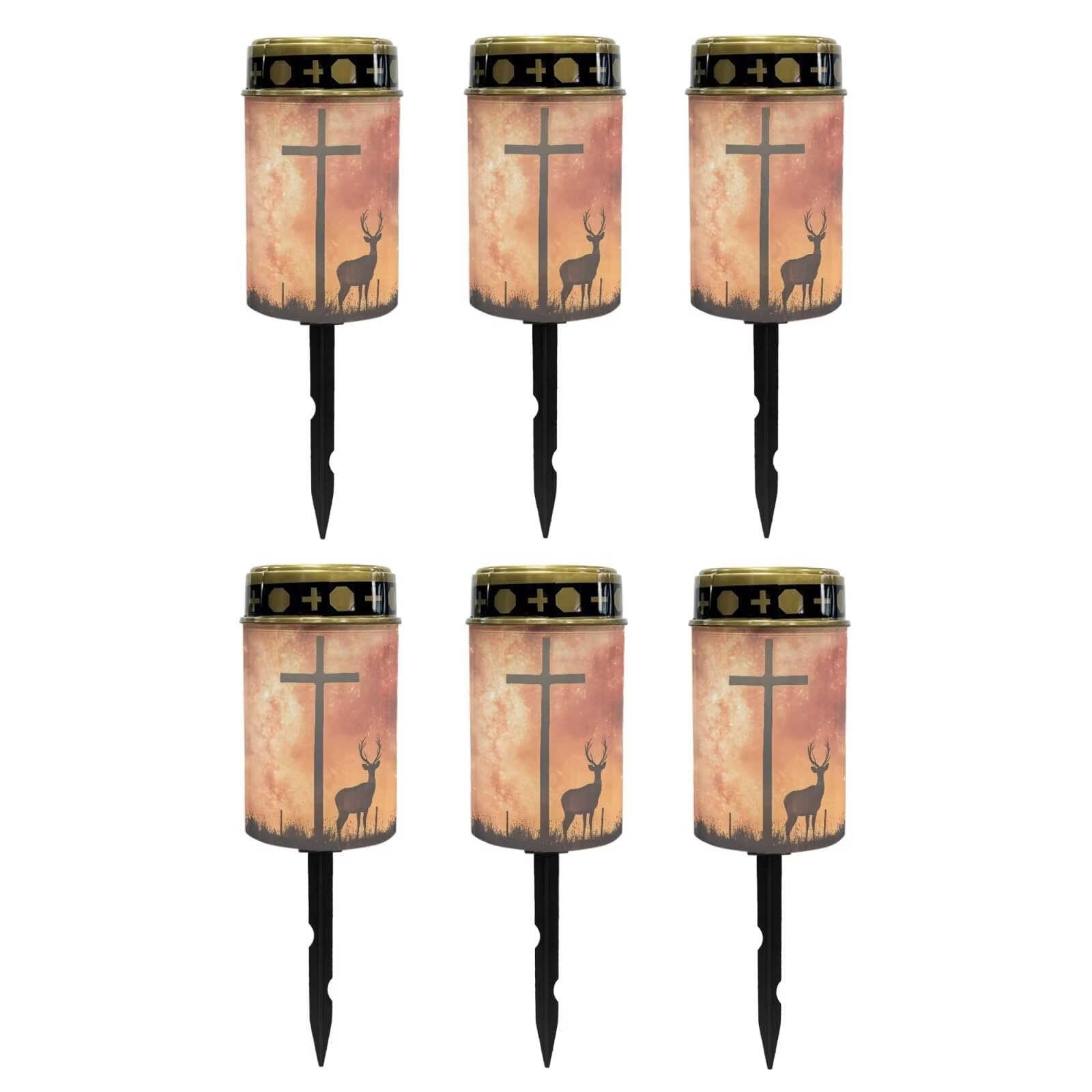 Poceacles 6 Pieces Cross Outdoor Lights Solar Powered Flameless Candle Cemetery Votive Candles Waterproof Outdoor Memorial Candle Solar Stake Lights Home Outdoor Decoration, Deer Cross Galaxy Orange