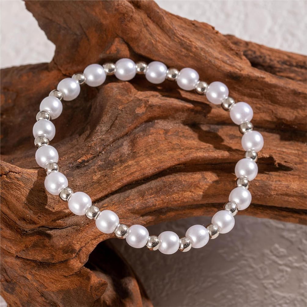 5Pcs Boho White Flower Beaded Pearl Bracelets for Women Trendy, Cute Gold Silver Stackable Floral Petal Pearls Beads Chain Bracelet Holiday Jewelry Gifts - Image 7