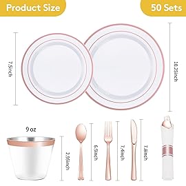 Goodluck 350 Piece Rose Gold Plastic Dinnerware Set for 50 Guests, Fancy Disposable Plates for Party, Include: 50 Dinner Plates, 50 Dessert Plates, 50 Pre Rolled Napkins with Silverware, 50 Cups