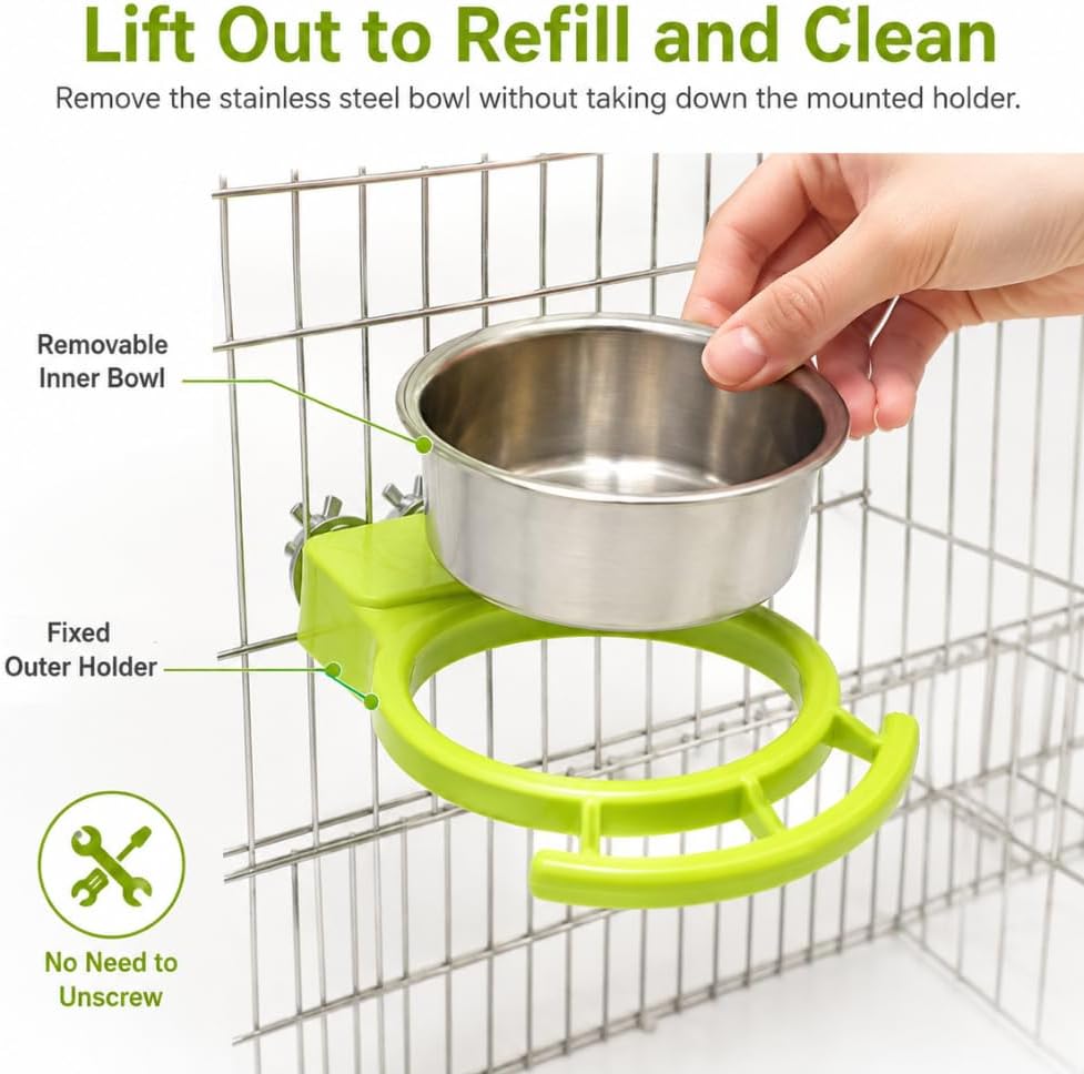 2 Pack Stainless Steel Bird Bowls for Cage, 4 in, Green | Two complete bird food and water sets with lift-out stainless bowls, dual-screw cage mounts and built-in front perches.