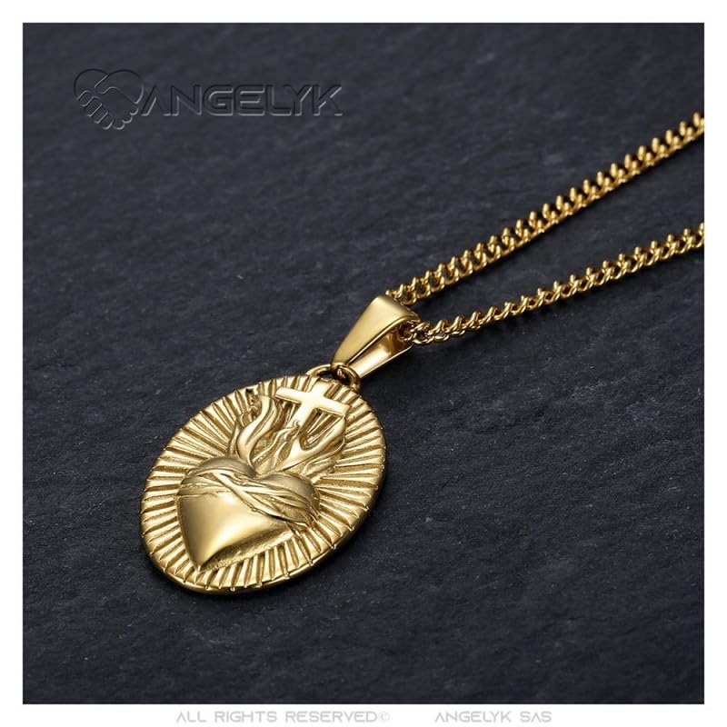 BOBIJOO Jewelry - Grand Pendentif du Sacré Coeur du Christ pour Homme 32x24mm Acier Inoxydable Or Chaîne 55cm