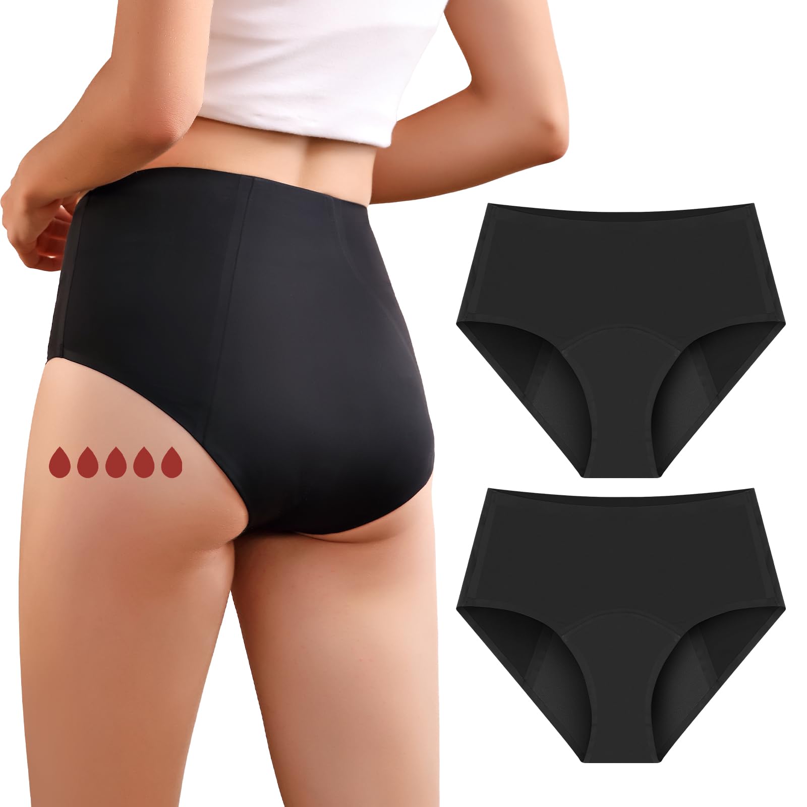 Carer 2er-Pack Inkontinenz-Slip für Damen mit hoher Saugfähigkeit Periodenunterwäsche für Tag und Nachtschutz Hoch taillierte schützende Menstruationsslips 50ml bis 100 ml Schwarz L
