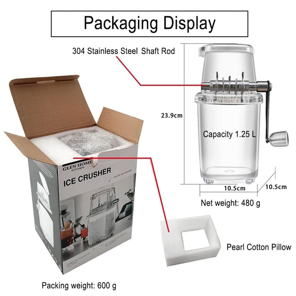 Trituradora de hielo manual portátil de manivela, mini trituradora de hielo de acero inoxidable con base antideslizante, molinillo de hielo transparente de 1,25 L para hacer granizados, cócteles, café